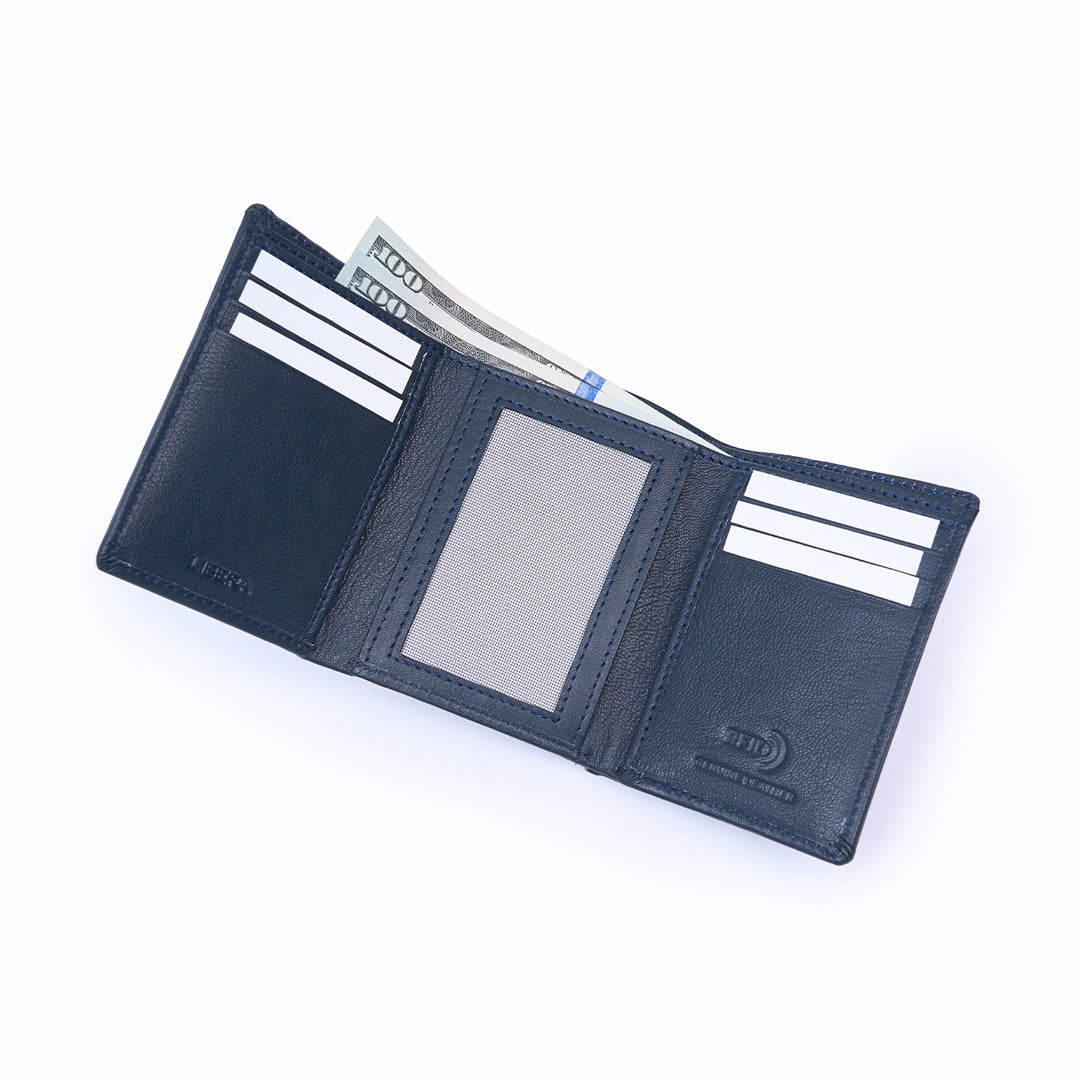 Genuine Leather RFID Tri Fold Wallet - Navy Blue