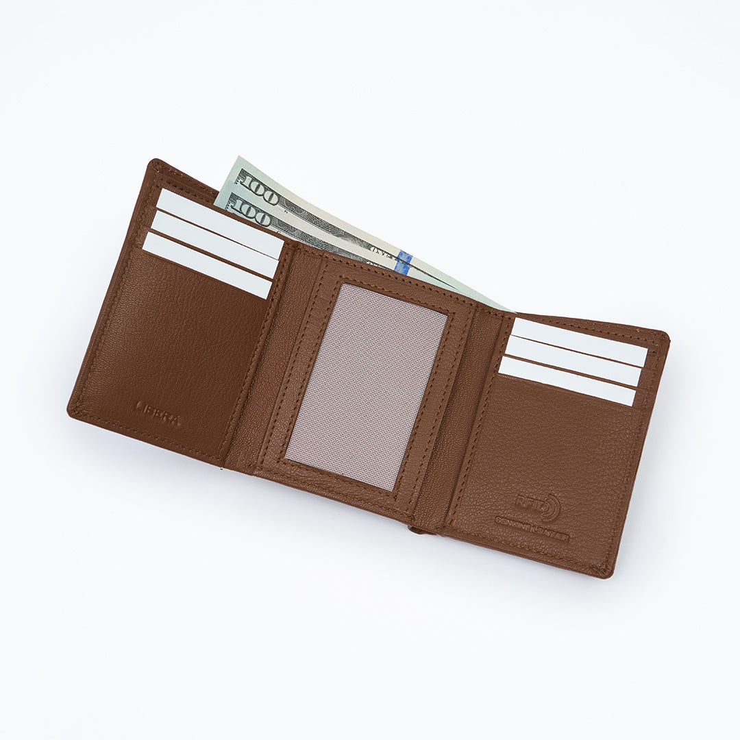 Genuine Leather RFID Tri Fold Wallet - Tan