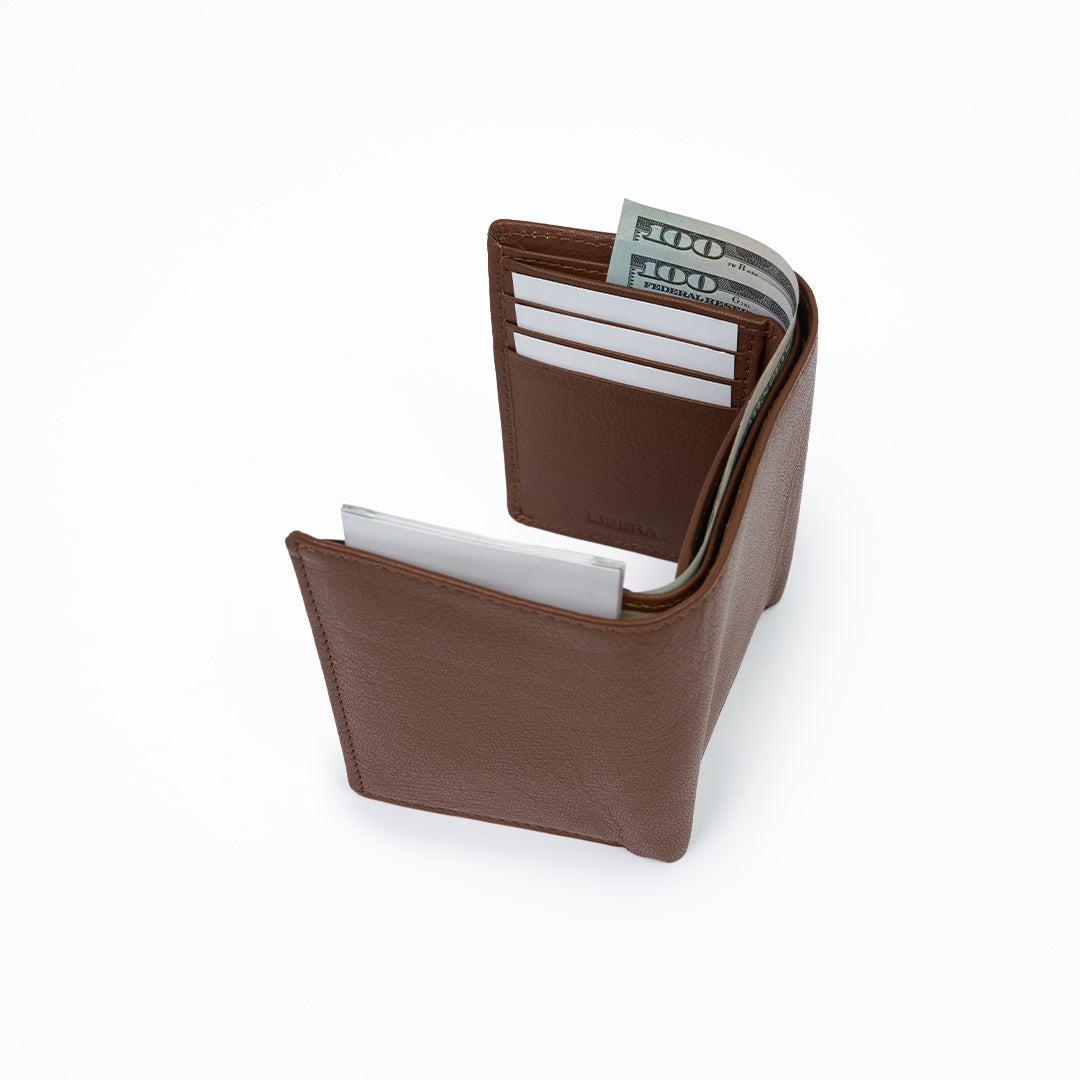 Genuine Leather RFID Tri Fold Wallet - Tan