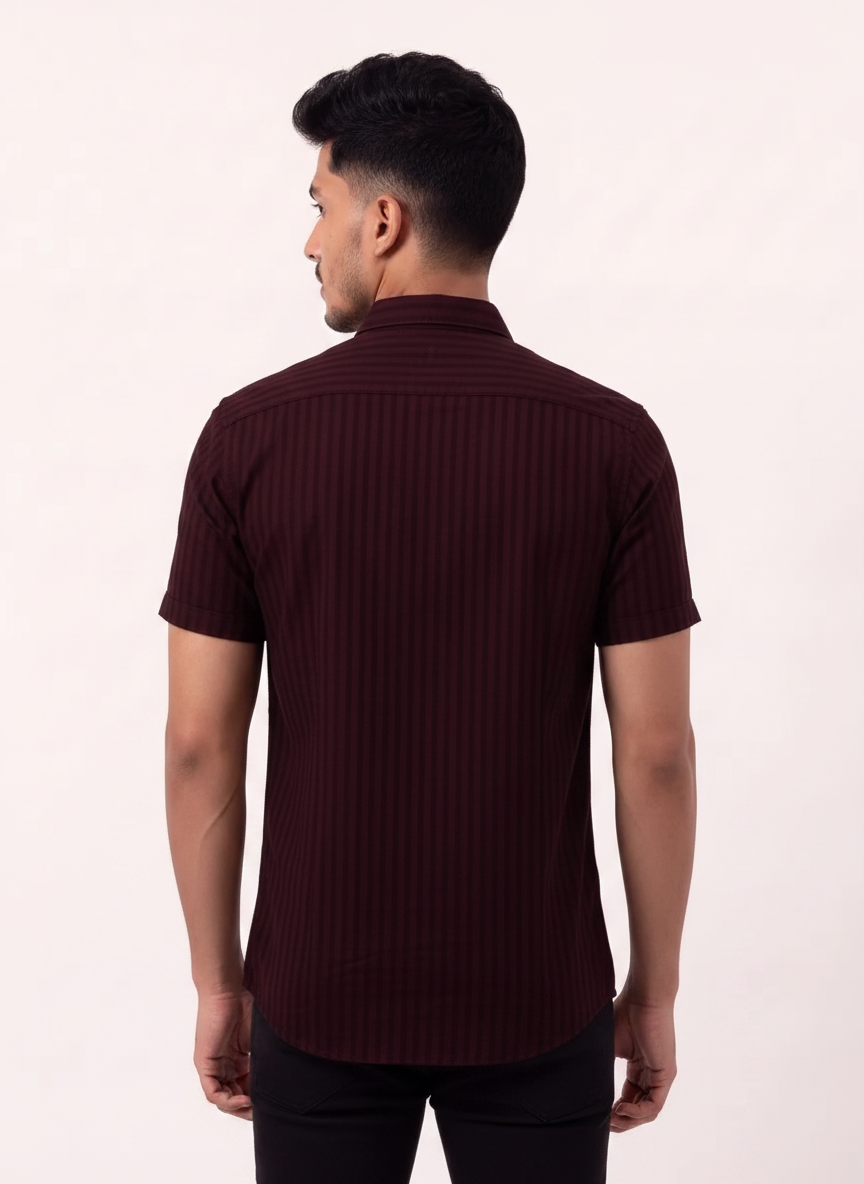 Slim Fit Cotton Linen Stripes S/S Shirt - Dark Maroon