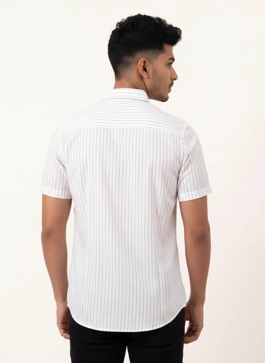 Slim Fit Cotton Stripe S/S Shirt - White