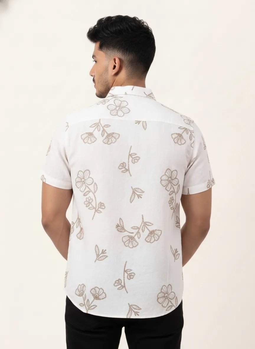 Slim Fit Cotton Floral Printed S/S Shirt - White