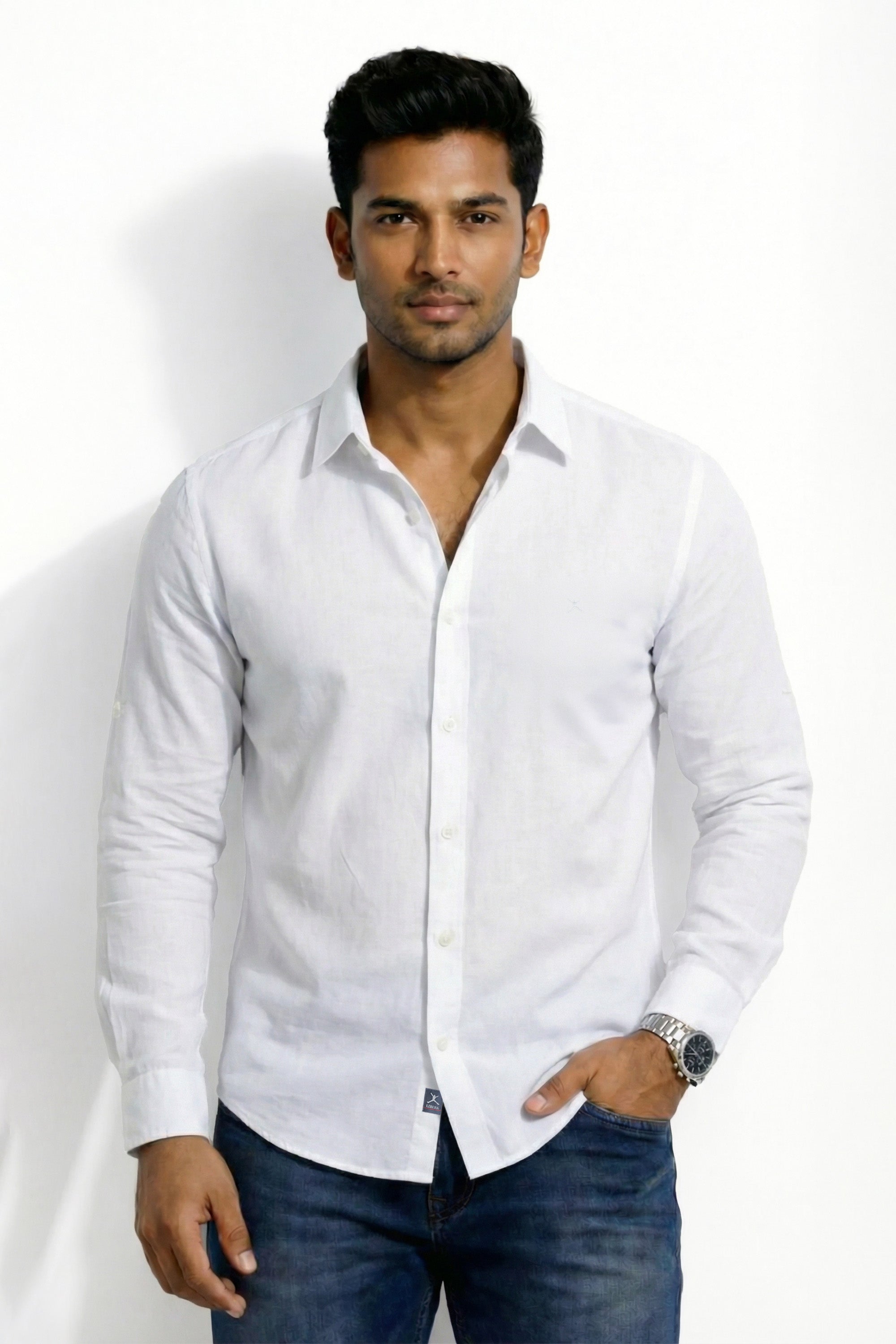 Slim Fit Cotton Linen Plain L/S Shirt