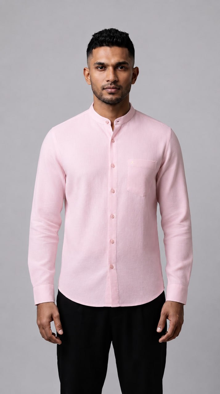 Slim Fit Cotton Linen Plain L/S Shirt - Pink