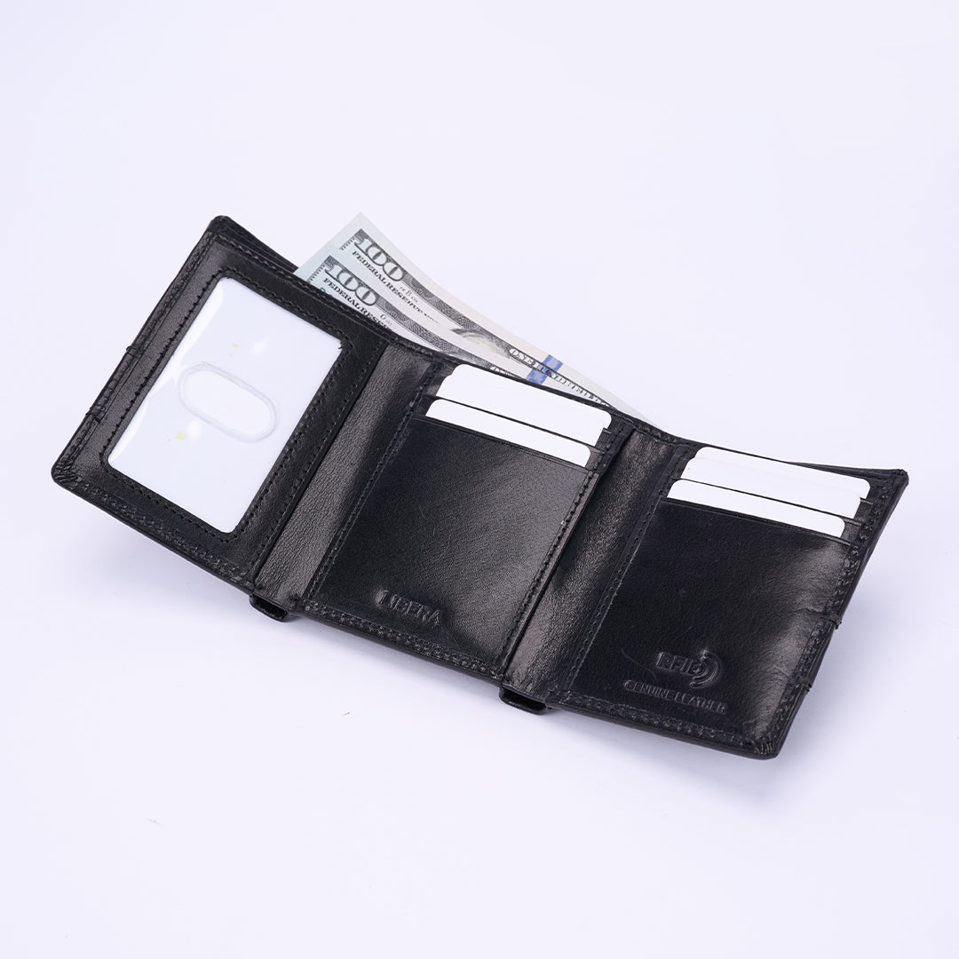 Italian Leather Tri Fold Wallet - Black