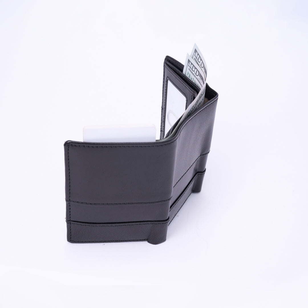 Italian Leather Tri Fold Wallet - Black