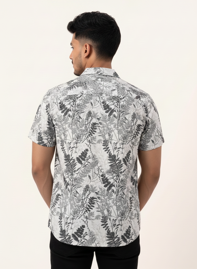 Slim Fit Cotton Printed Cuban Collar Shirt - S/S - White