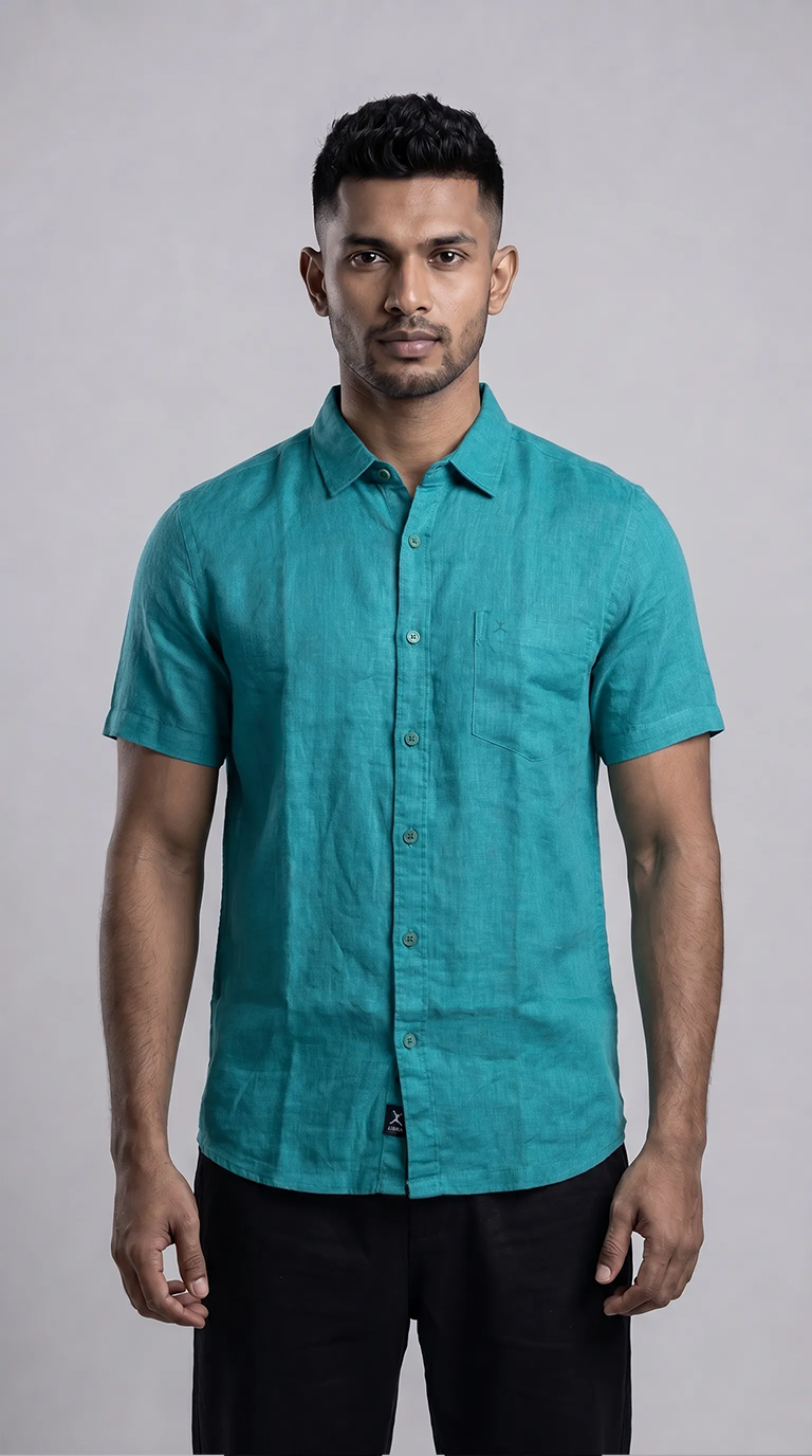 Slim Fit 100% Linen S/S Shirt - Turquoise Blue