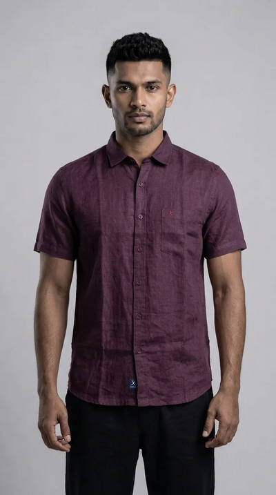 Slim Fit Linen Plain Short Sleeve Shirt