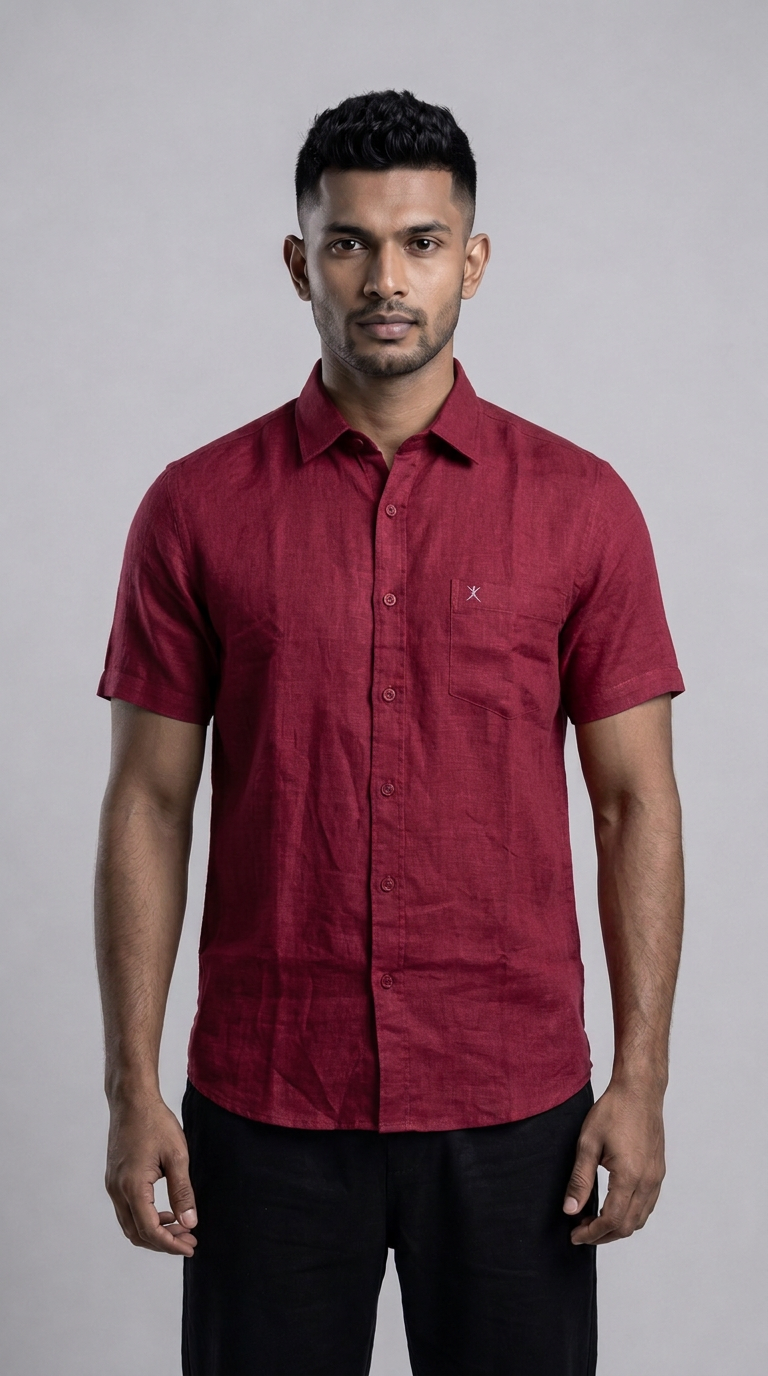 Slim Fit Linen Plain Short Sleeve Shirt