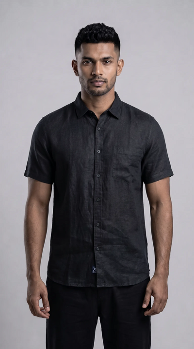 Slim Fit Linen Plain Short Sleeve Shirt