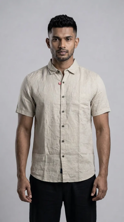 Slim Fit Linen Plain Short Sleeve Shirt