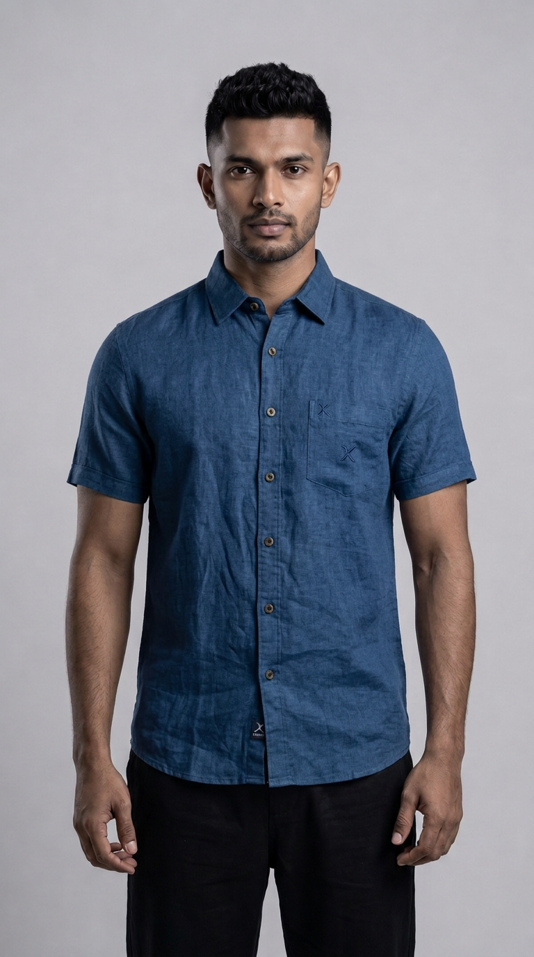Slim Fit Linen Plain Short Sleeve Shirt