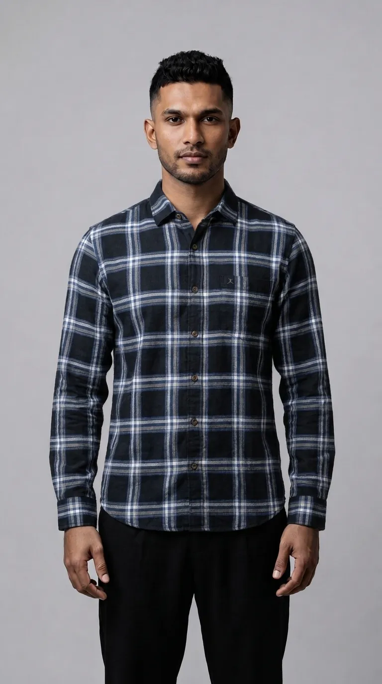 Slim Fit Denim Checks L/S Shirt - Blue