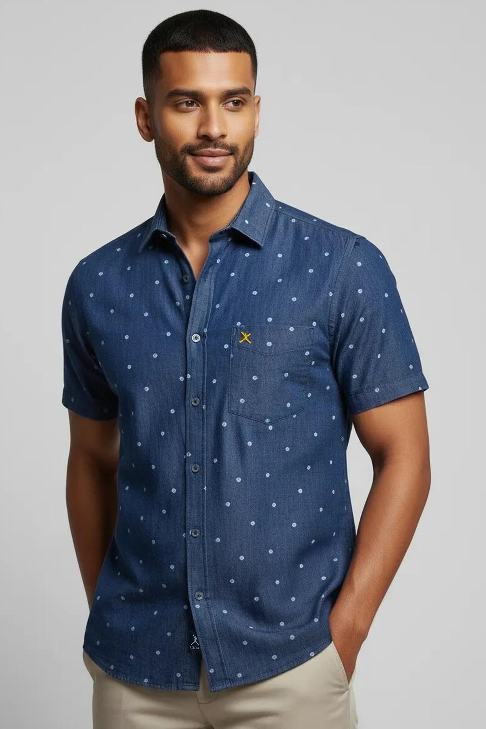 Slim Fit Denim Printed S/S Shirt - Blue