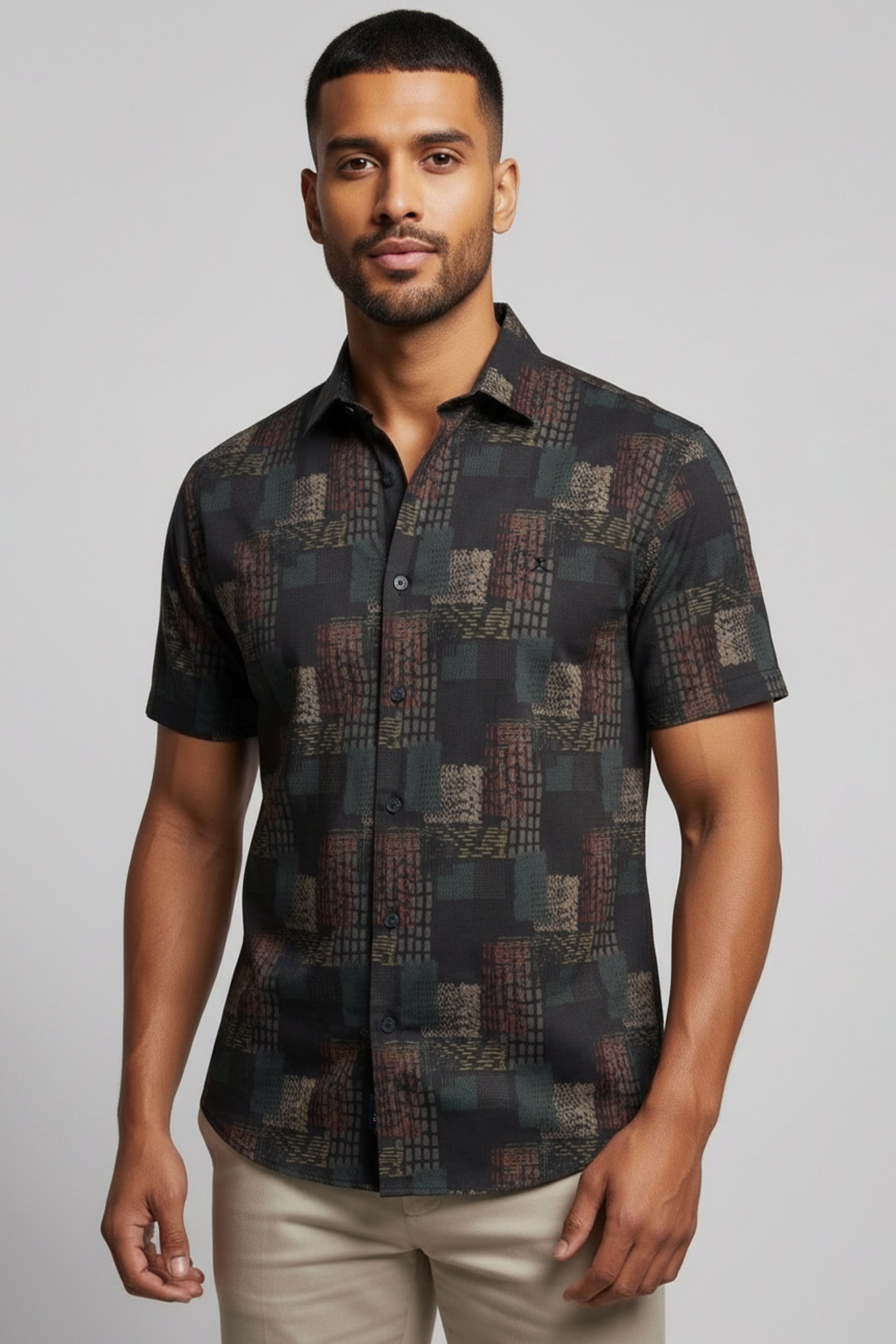 Slim Fit Denim Printed S/S Shirt - Brown