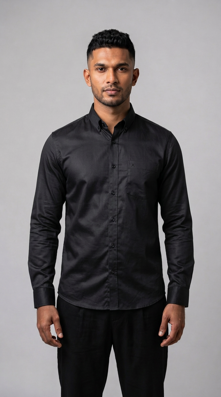 Slim Fit Cotton Plain L/S Shirt - Black
