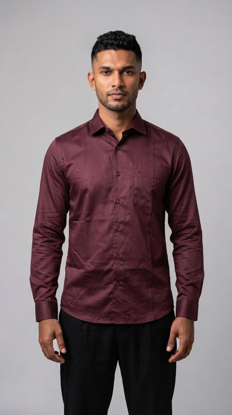 Slim Fit Cotton Plain L/S Shirt - Dark Maroon
