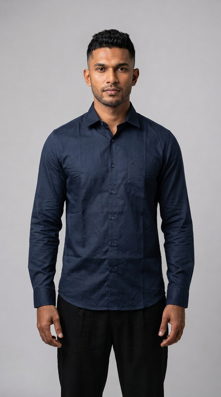 Slim Fit Cotton Plain L/S Shirt - Navy Blue