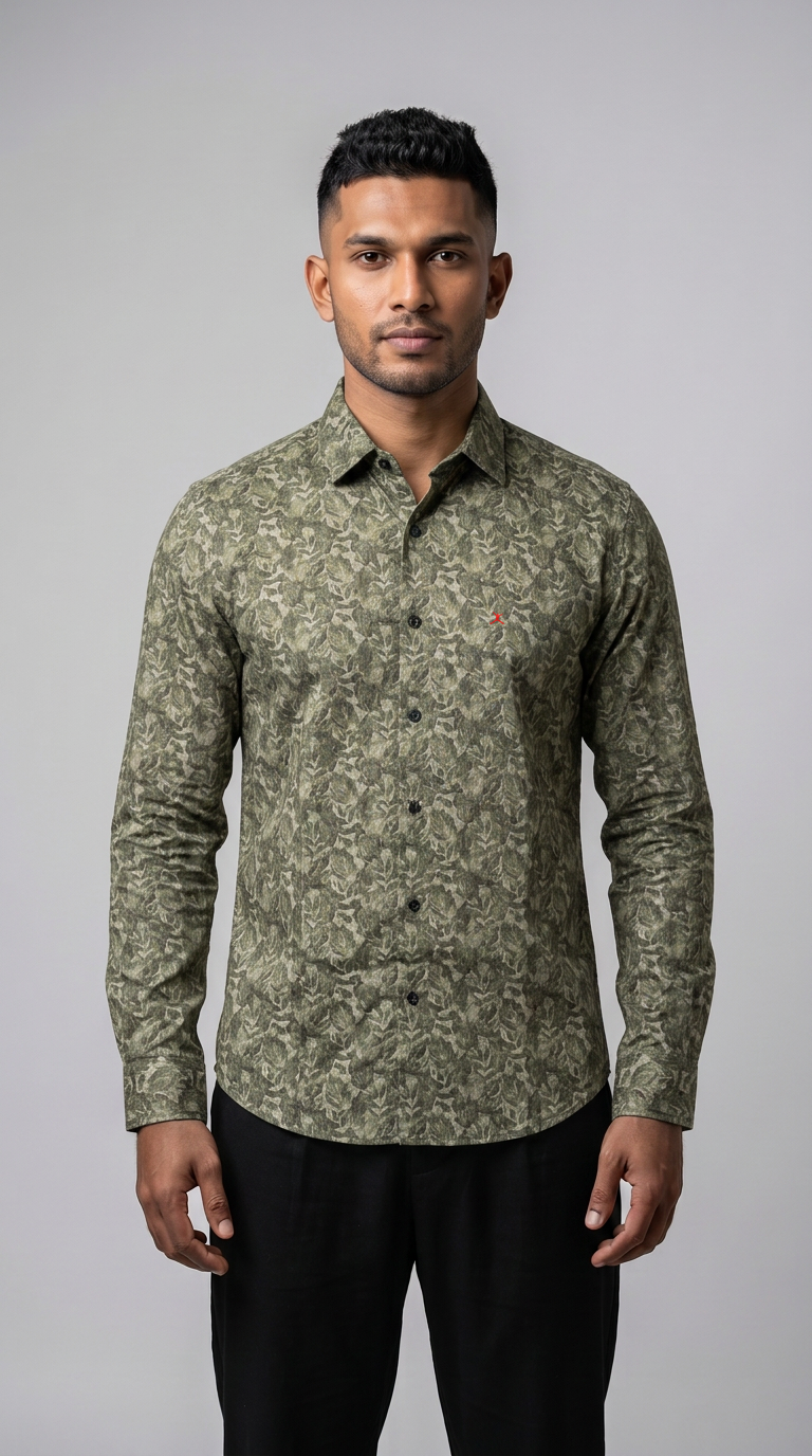 Slim Fit Cotton Printed L/S Shirt - Light Green