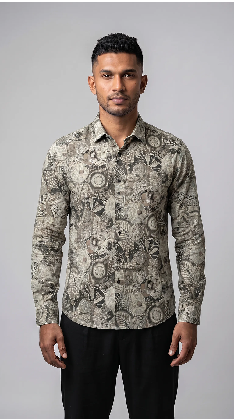 Slim Fit Cotton Printed L/S Shirt - Cream