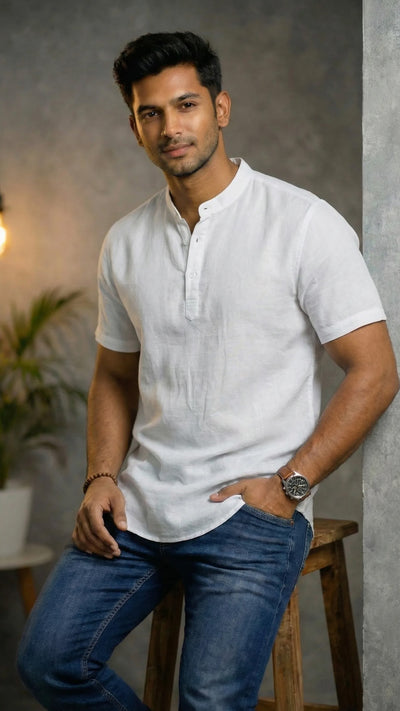 Slim Fit Cotton Linen Plain S/S Half Kurta