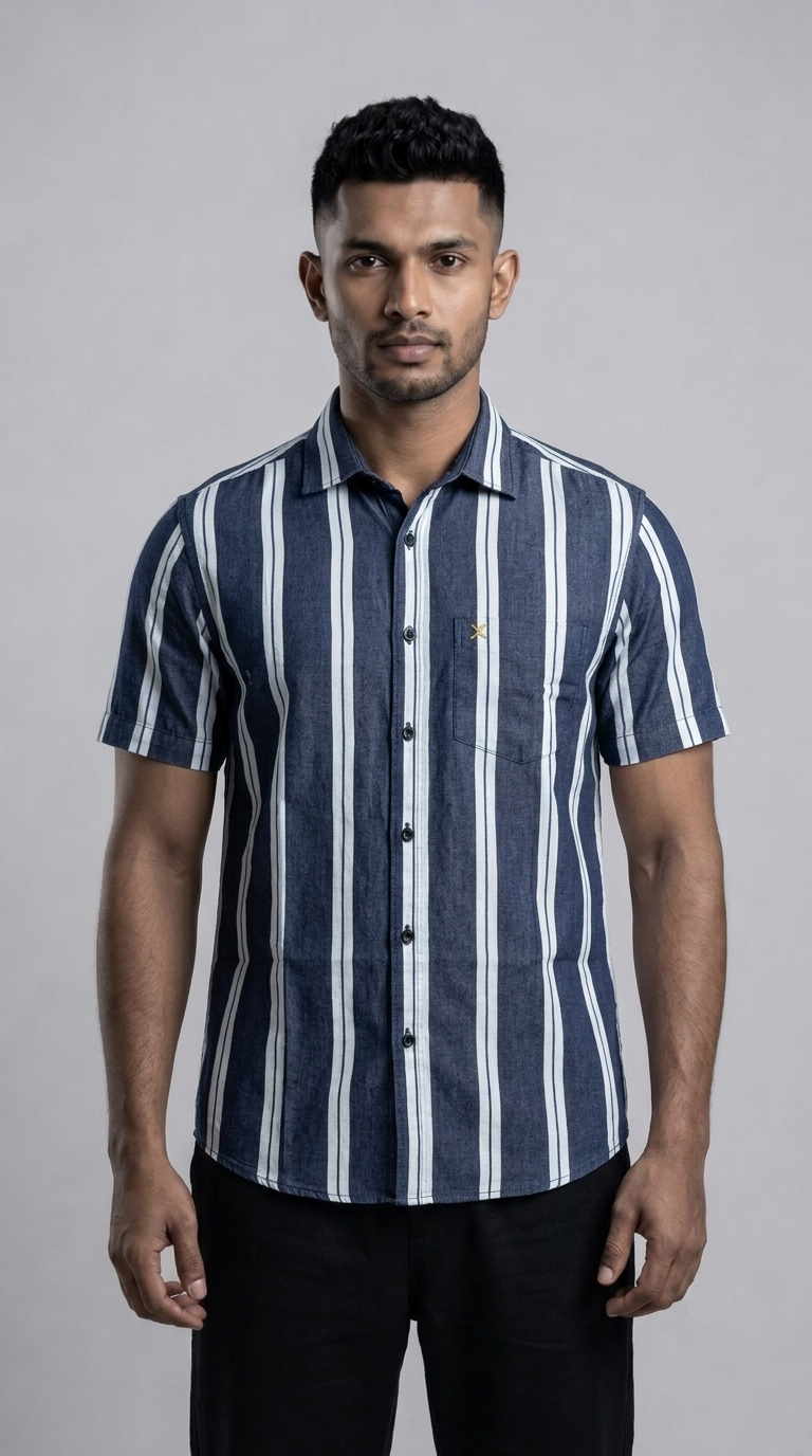 Slim Fit Cotton Stripe S/S Shirt - Blue