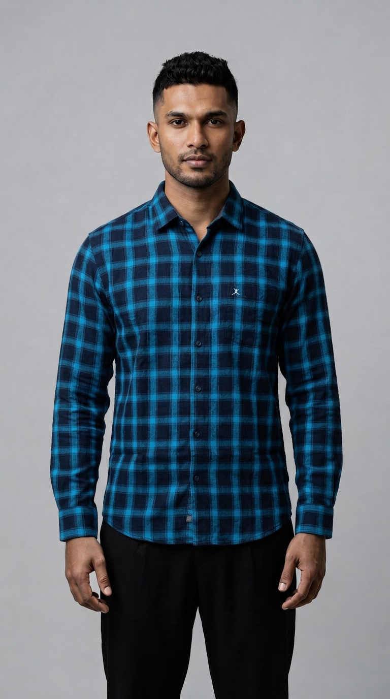 Slim Fit Cotton Check Shirt - Midnight Blue