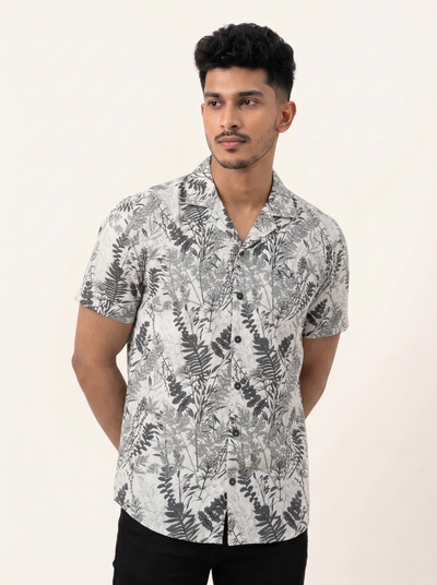 Slim Fit Cotton Printed Cuban Collar Shirt - S/S - White