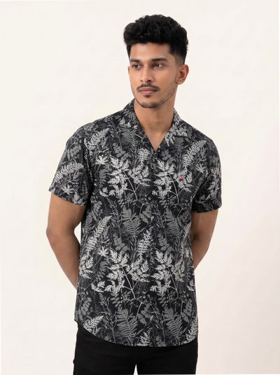 Slim Fit Cotton Printed Cuban Collar Shirt - S/S - Dark Gray