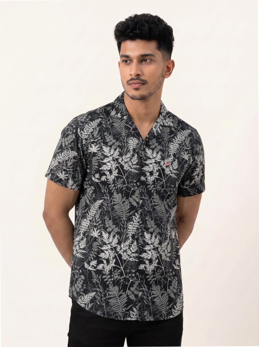 Slim Fit Cotton Printed Cuban Collar Shirt - S/S - Dark Gray