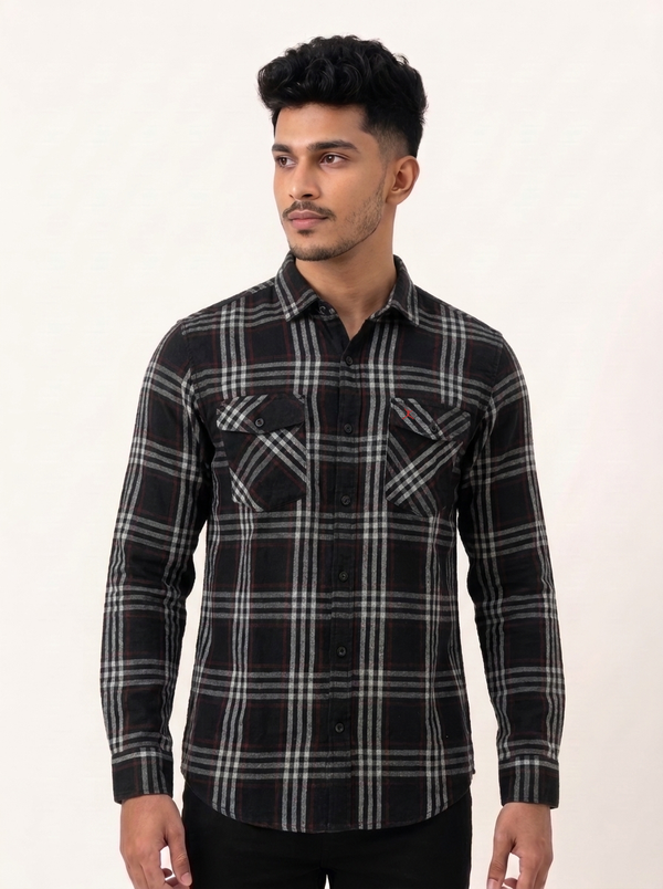 Slim Fit Cotton Check Double Pocket Shirt L/S - Red