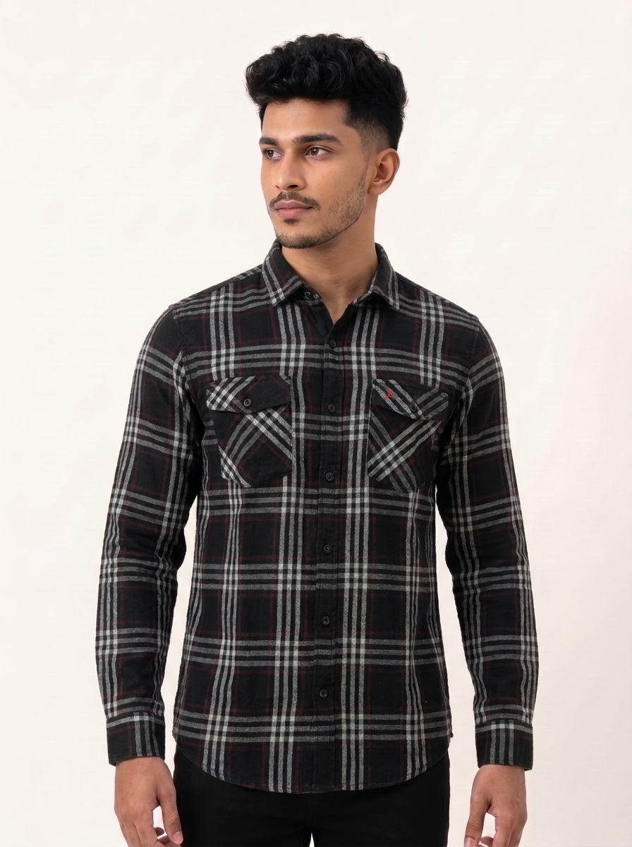 Slim Fit Cotton Check Double Pocket Shirt L/S - Red