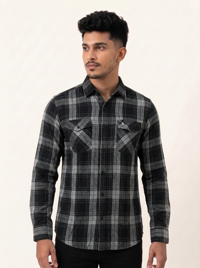 Slim Fit Cotton Check Double Pocket Shirt L/S - Black