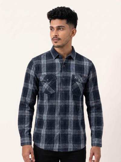 Slim Fit Cotton Check Double Pocket Shirt L/S - Navy Blue