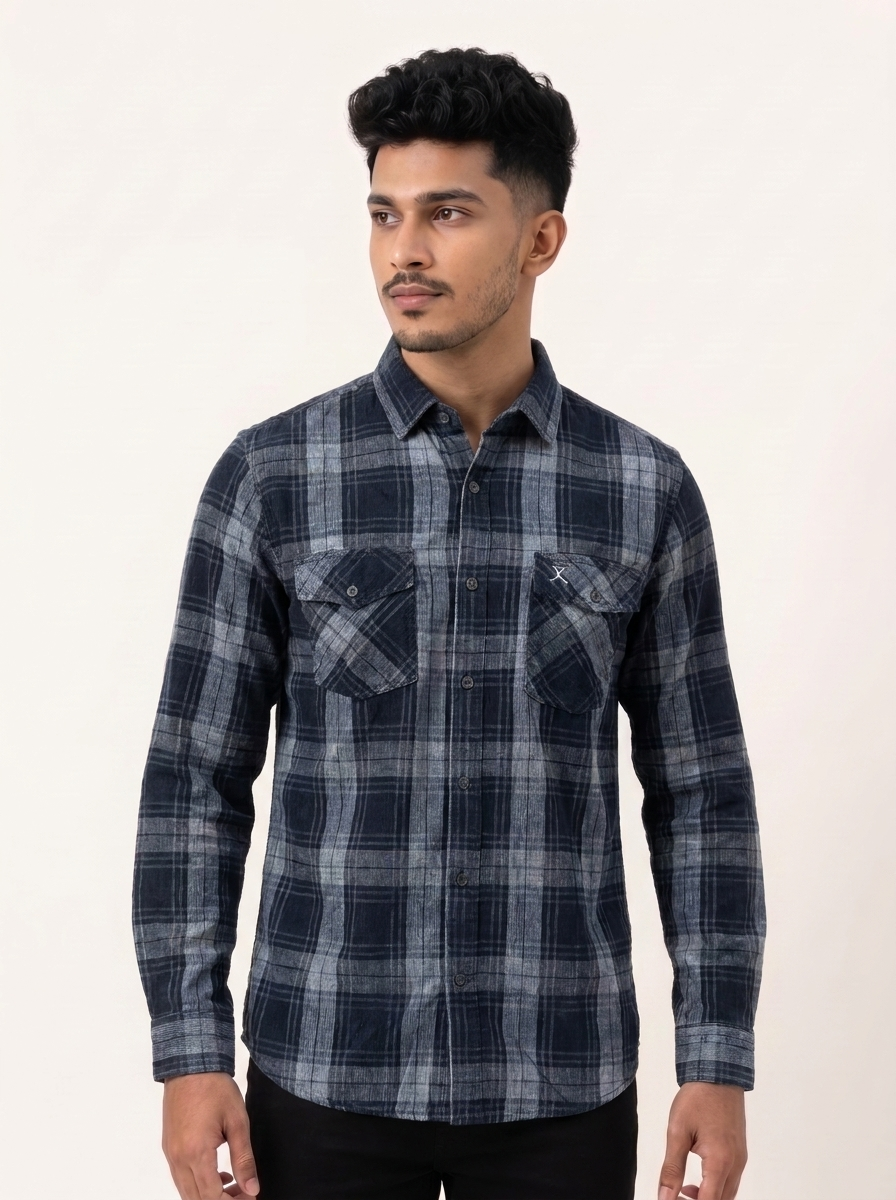 Slim Fit Cotton Check Double Pocket Shirt L/S - Navy Blue