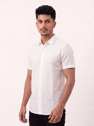 Slim Fit Cotton Stripes S/S Shirt - White