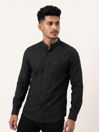 Slim Fit Cotton Plain L/S Shirt - Deep Black