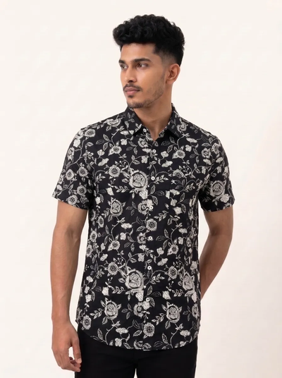 Slim Fit Cotton Printed S/S Shirt - Black