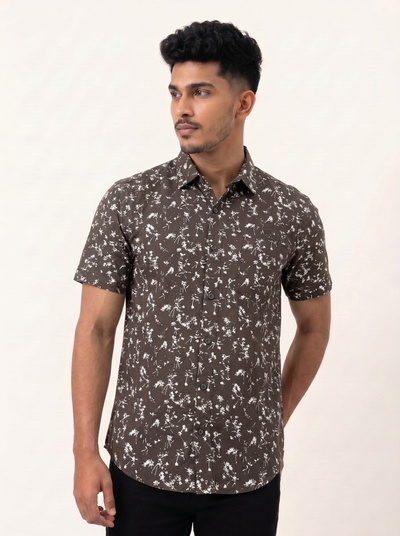 Slim Fit Cotton Printed S/S Shirt - Dusty Rose