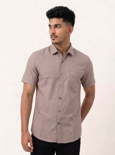 Slim Fit Cotton Stripe S/S Shirt - Dusty Rose