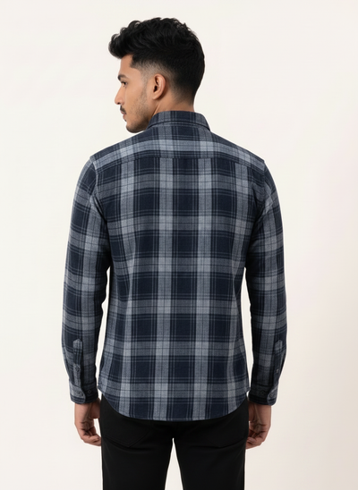Slim Fit Cotton Check Double Pocket Shirt L/S - Navy Blue