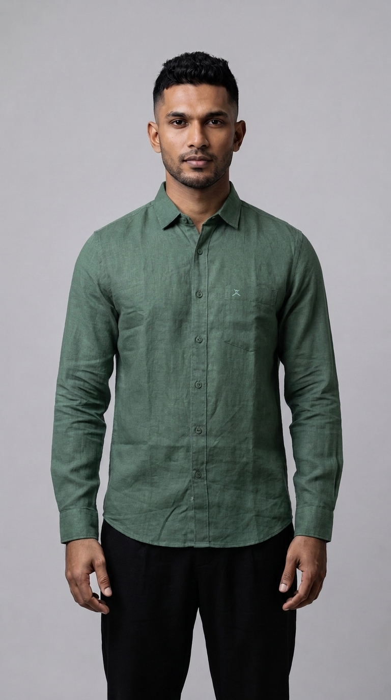 Slim Fit Cotton Linen Plain L/S Shirt - Green