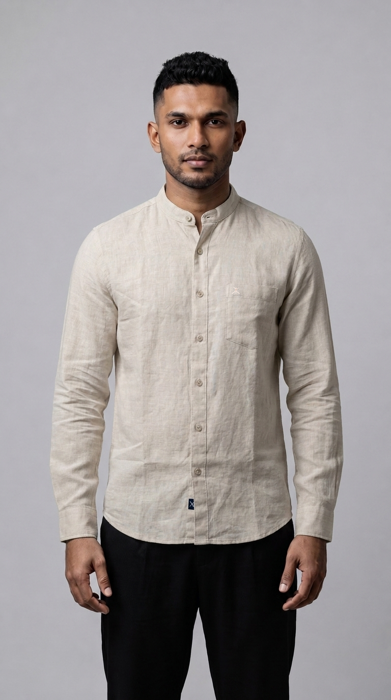 Slim Fit Cotton Linen Plain L/S Shirt - Cream