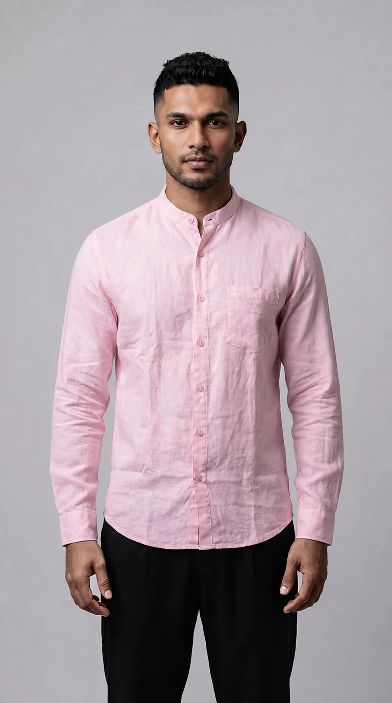 Slim Fit Cotton Linen Plain L/S Shirt - Pink
