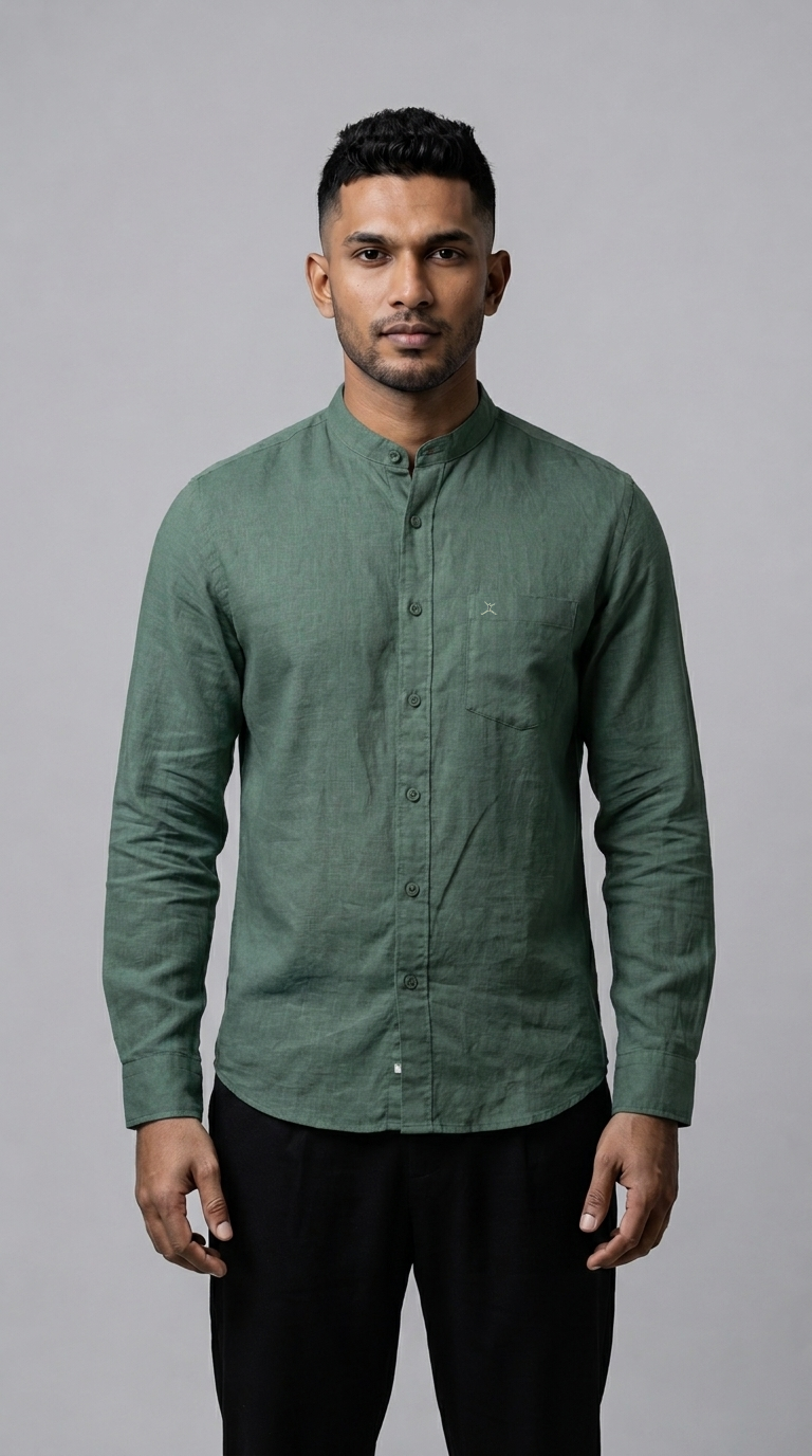 Slim Fit Cotton Linen Plain L/S Shirt - Green