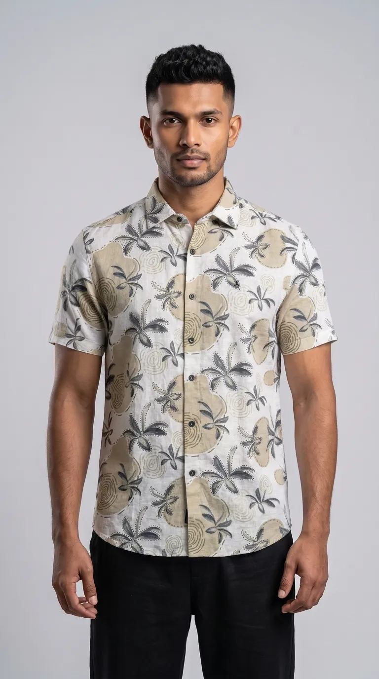 Slim Fit Cotton Printed S/S Shirt - Cream