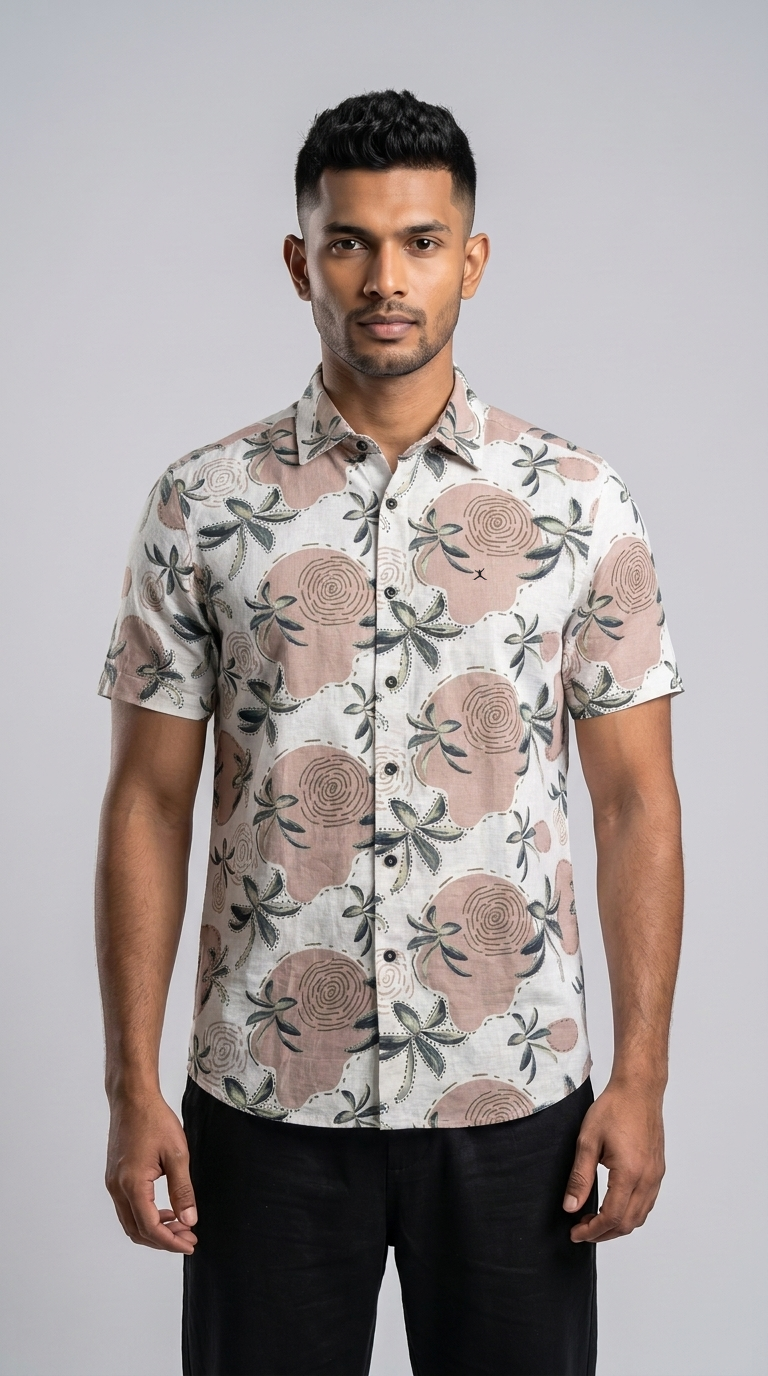 Slim Fit Cotton Printed S/S Shirt - Beige