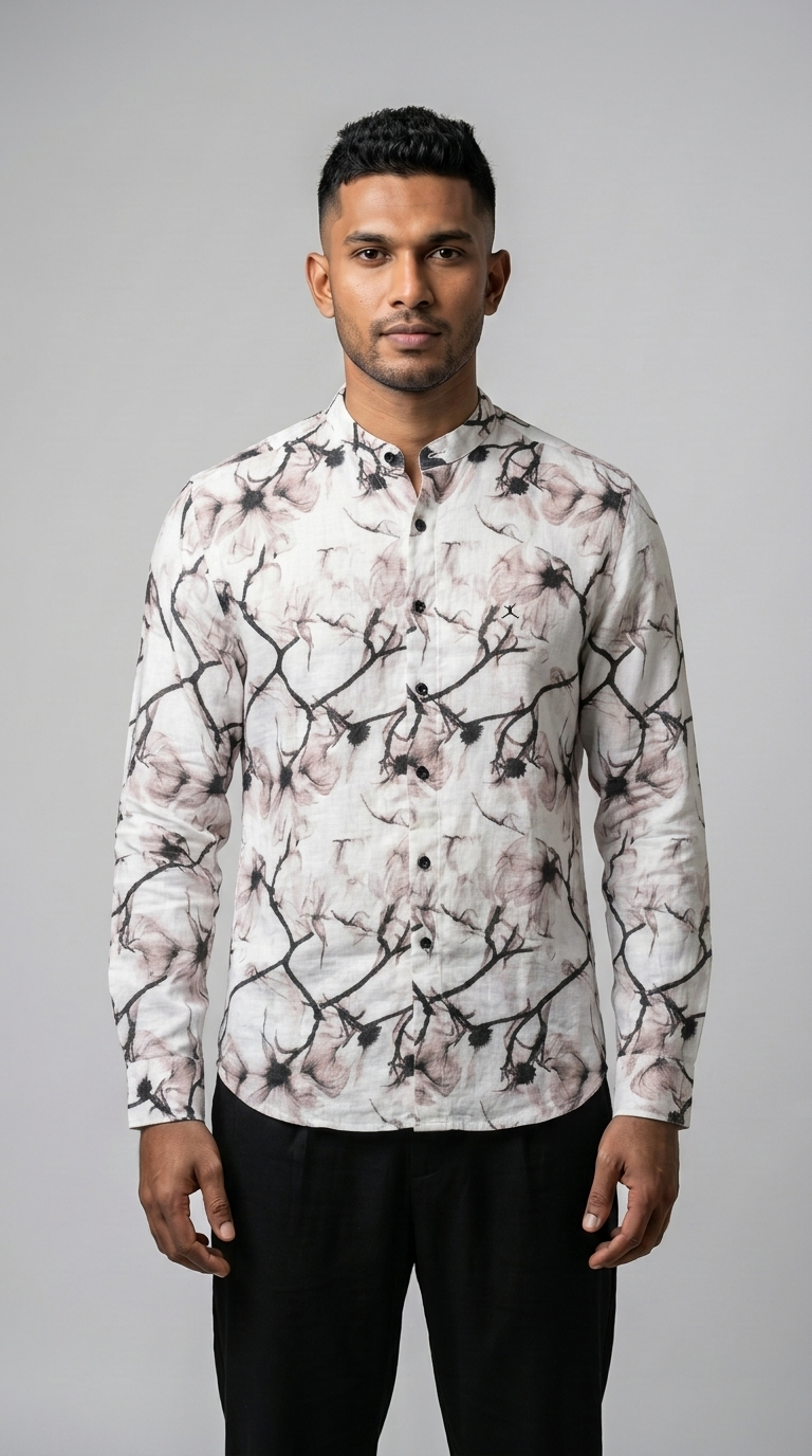 Slim Fit Cotton Linen Printed L/S Shirt - Beige