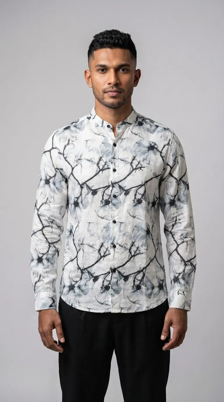 Slim Fit Cotton Linen Printed L/S Shirt - Blue